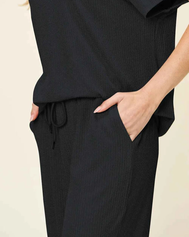 Double Take Full Size Texture Round Neck Short Sleeve T-Shirt and Wide Leg Pants