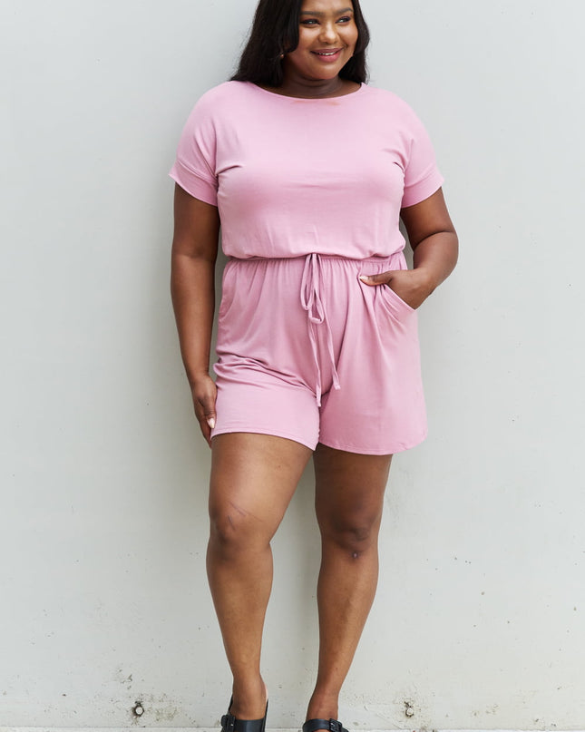 Zenana Chilled Out Full Size Short Sleeve Romper in Light Carnation Pink