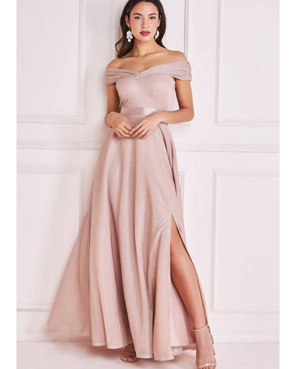 Goddiva Bardot Pleated Skirt Maxi Dress DR3859