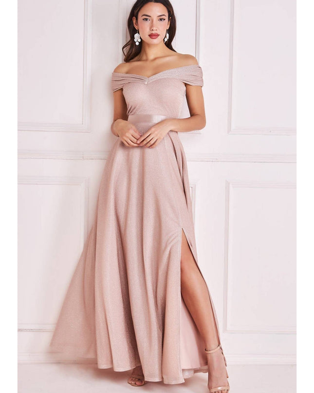 Goddiva Bardot Pleated Skirt Maxi Dress DR3859