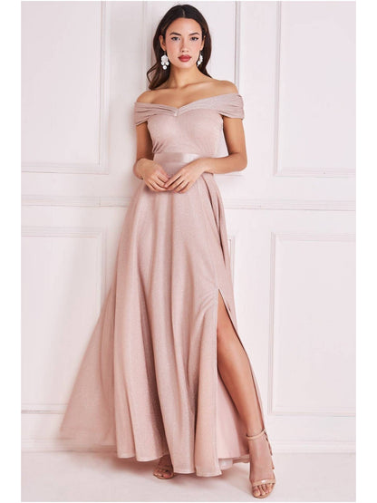 Goddiva Bardot Pleated Skirt Maxi Dress DR3859