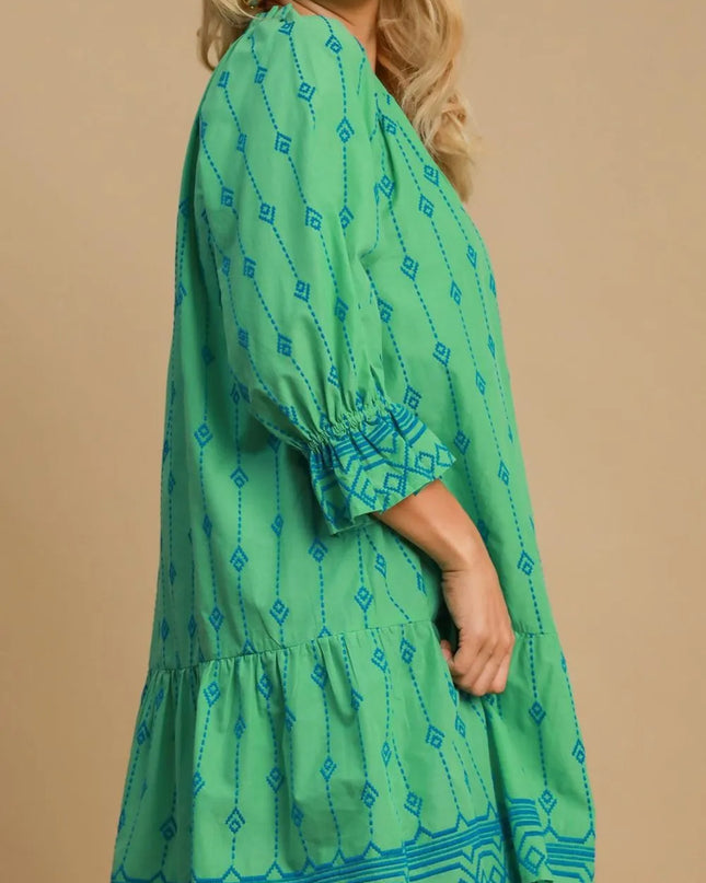 Umgee Full Size Tassel Embroidered Flounce Sleeve Mini Dress Plus Size