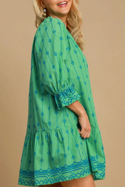 Umgee Full Size Tassel Embroidered Flounce Sleeve Mini Dress Plus Size