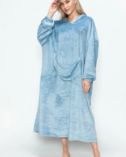 Double Take Full Size Pocketed Hooded Midi Lounge Dress