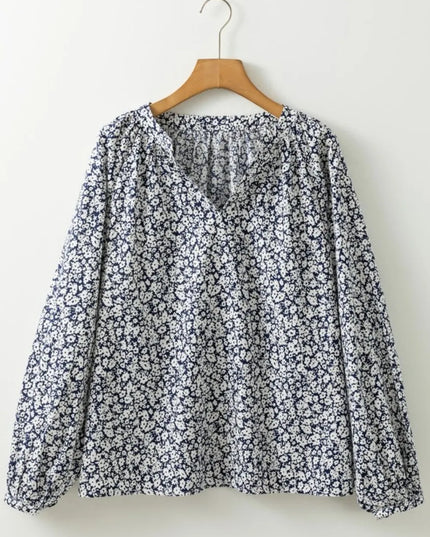 Floral Print Notched Long Sleeve Blouse