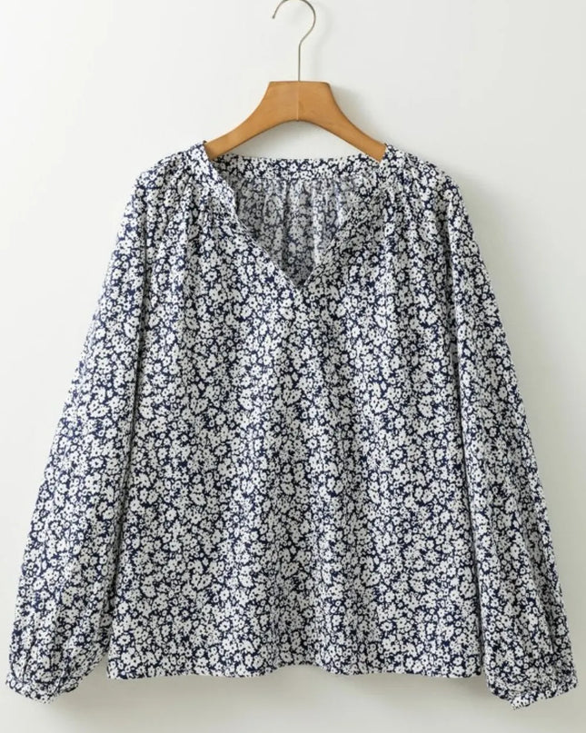 Floral Print Notched Long Sleeve Blouse