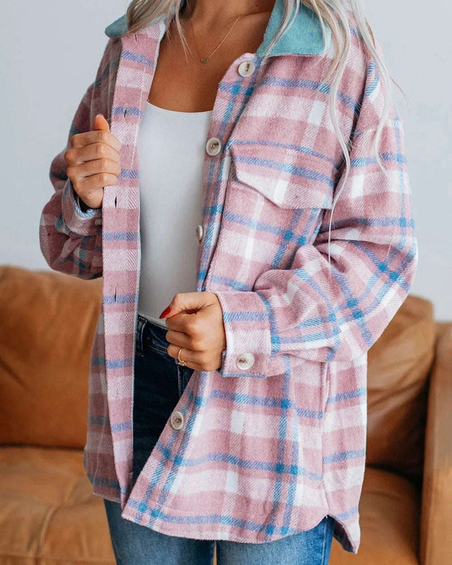 Plaid Collared Neck Flap Pockets Shacket Dusty Pink