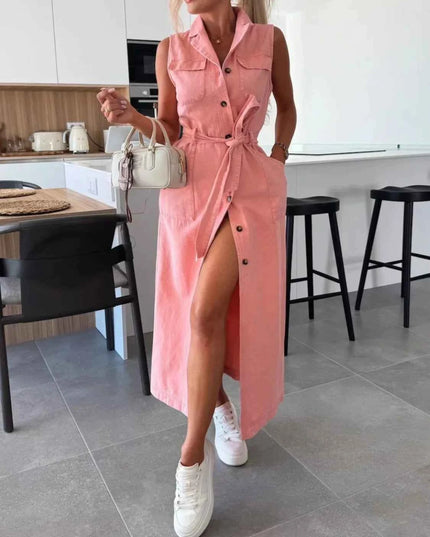 Button Front Sleeveless Denim Dress