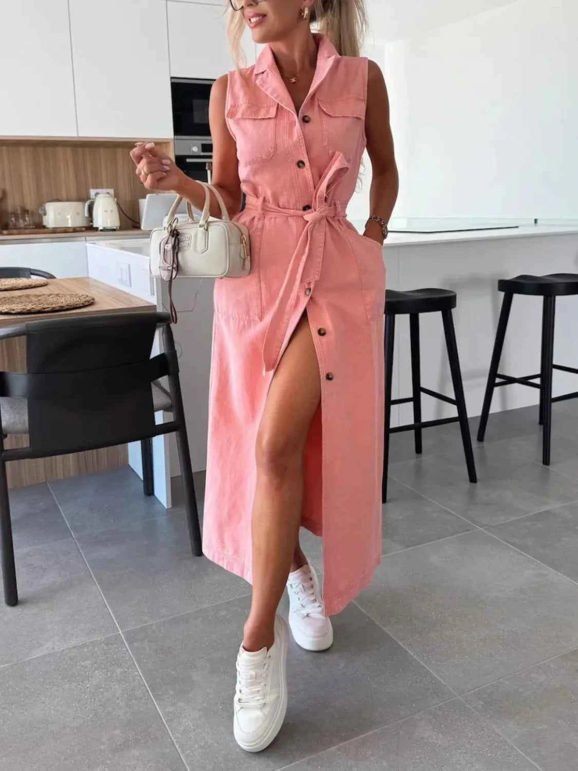 Button Front Sleeveless Denim Dress