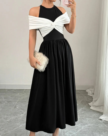 Twisted Contrast Cold Shoulder Midi Dress 