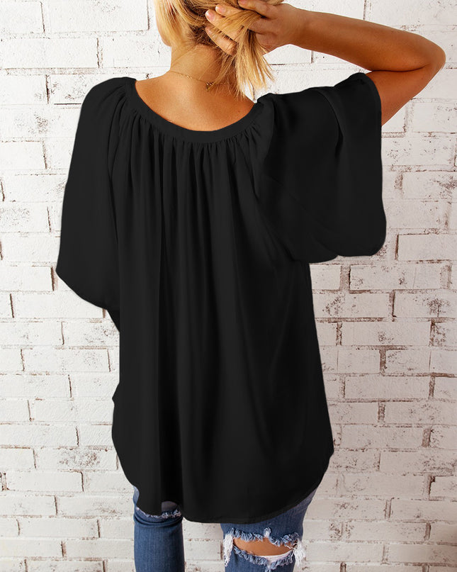 Gathered Detail Notched Neck Flutter Sleeve Top 