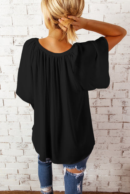 Gathered Detail Notched Neck Flutter Sleeve Top 
