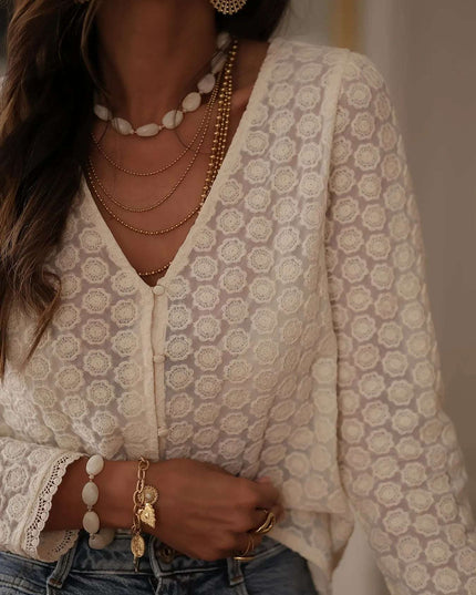 Lace Button Up Long Sleeve Shirt