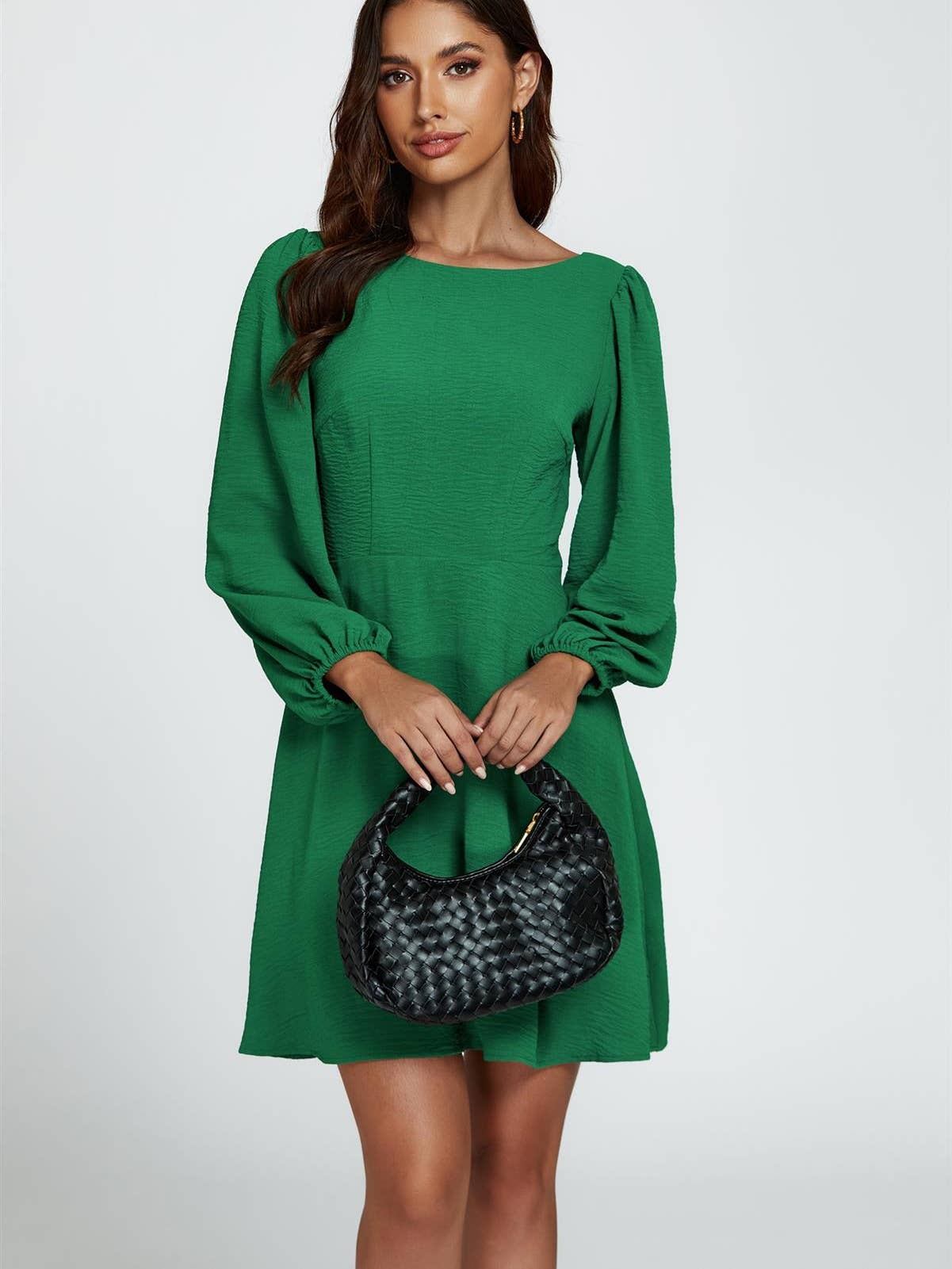 Back V Neck Mini Dress in Green