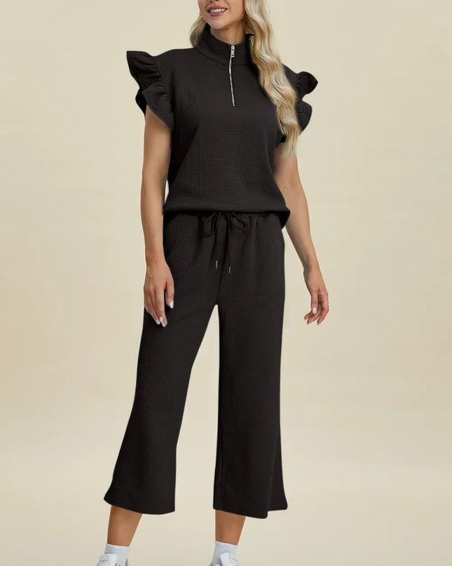 Double Take Full Size Texture Ruffle Short Sleeve Top and Wide Leg Pants Set