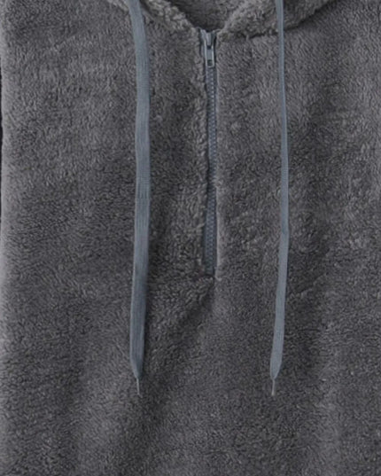 Full Size Quarter-Zip Drawstring Teddy Hoodie