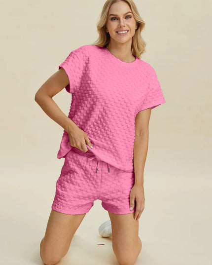 Double Take Full Size Texture T-Shirt and Shorts Set Pink