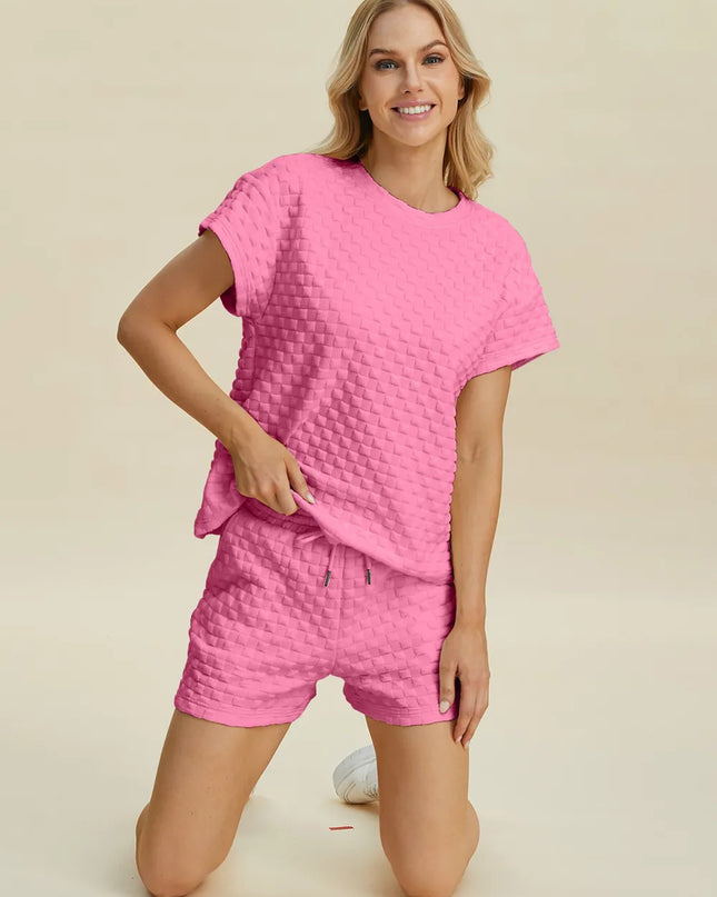 Double Take Full Size Texture T-Shirt and Shorts Set Pink