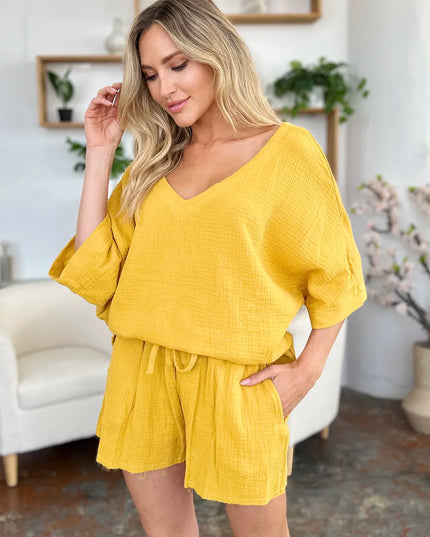 Double Take Texture Half Sleeve T-Shirt and Drawstring Shorts Set