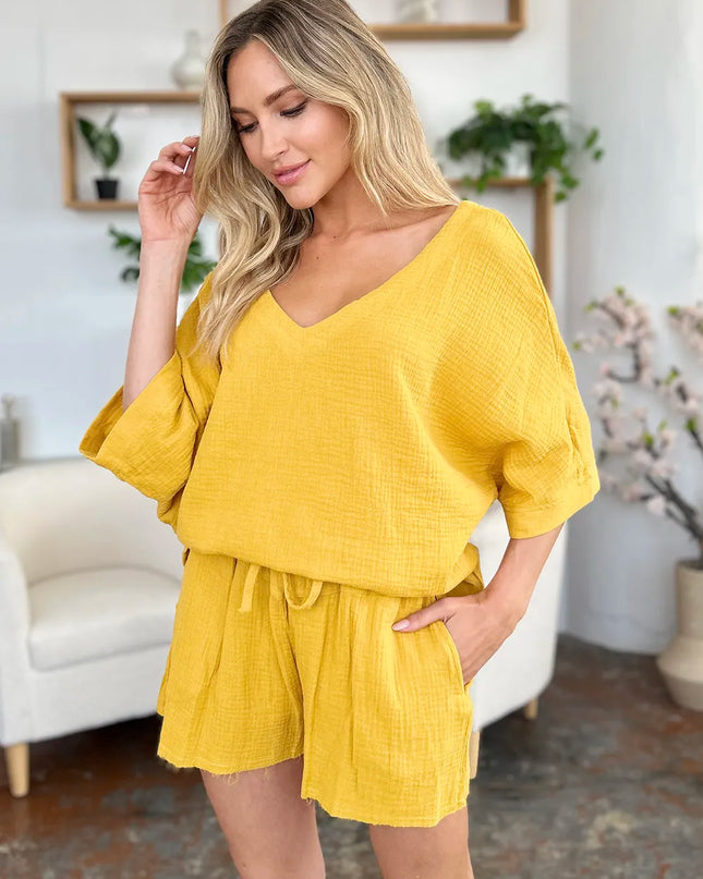 Double Take Texture Half Sleeve T-Shirt and Drawstring Shorts Set