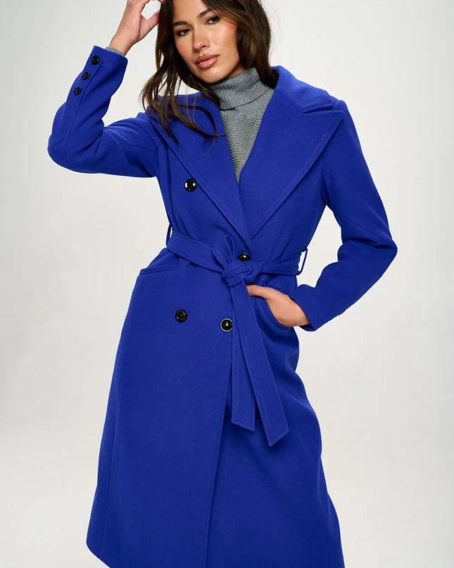 Coalition LA Double-Breasted Longline Coat with Belt Royal Blue