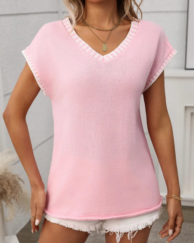 Contrast Trim V-Neck Short Sleeve Knit Top