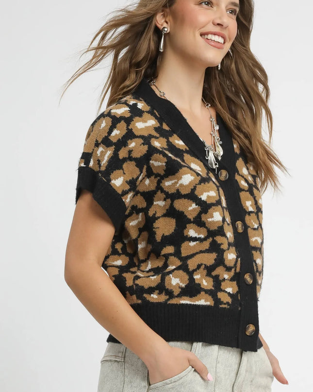 Umgee Leopard Button Down Short Sleeve Cardigan