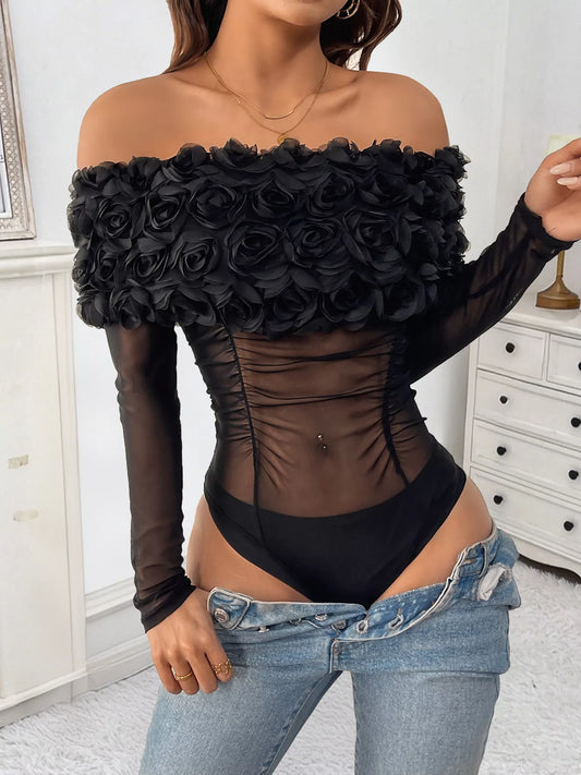 Flower Off-Shoulder Mesh Bodysuit Black