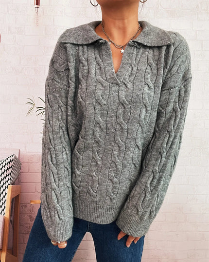 Cable Knit Johnny Collar Sweater Gray One Size