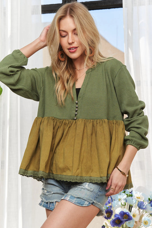 ADORA Mineral Washed Babydoll Tunic Top OLIVE