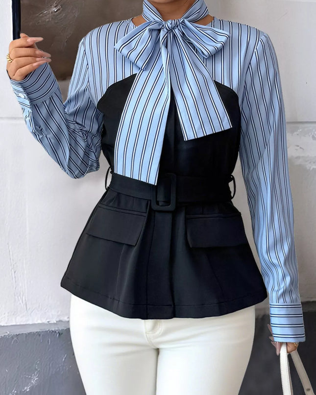 Striped Long Sleeve Blouse with Bow Tie