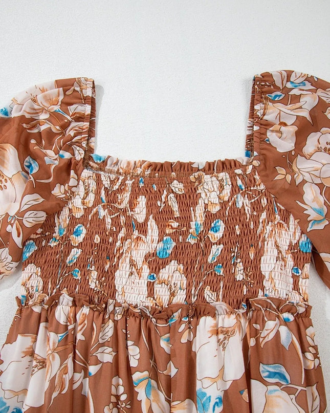 Smocked Printed Long Sleeve Tiered Dress