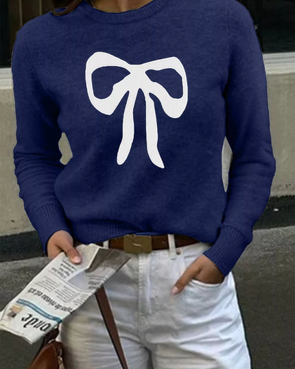 Bow Round Neck Knit Top Dark Blue