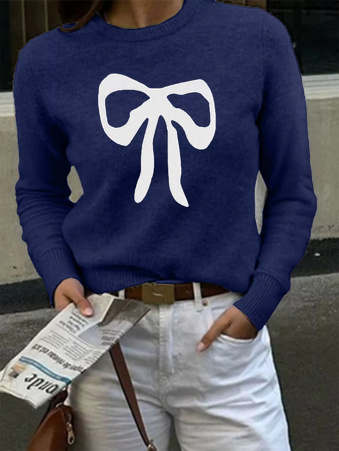 Bow Round Neck Knit Top Dark Blue