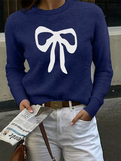 Bow Round Neck Knit Top Dark Blue