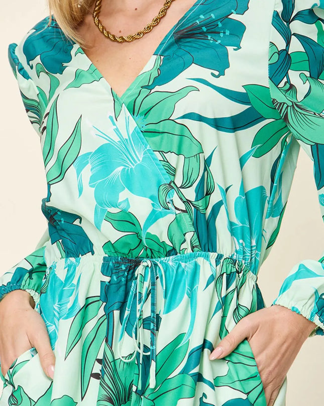 Double Take Full Size Floral Long Sleeve Romper with Pockets