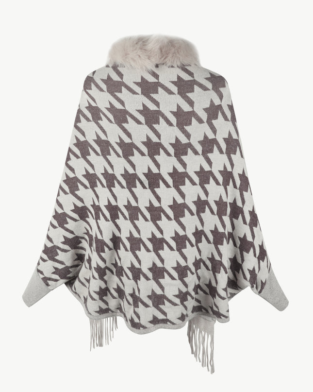Houndstooth Fringe Hem Poncho