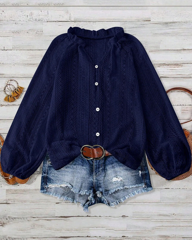 Crochet Notched Button-Front Shirt