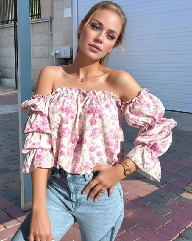 Printed Off-Shoulder Flounce Sleeve Blouse Blush Pink