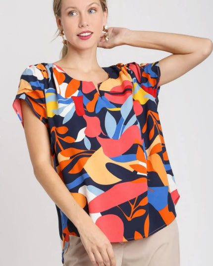 Umgee Full Size Short Sleeved Abstract Print Top Plus Size Dark Navy