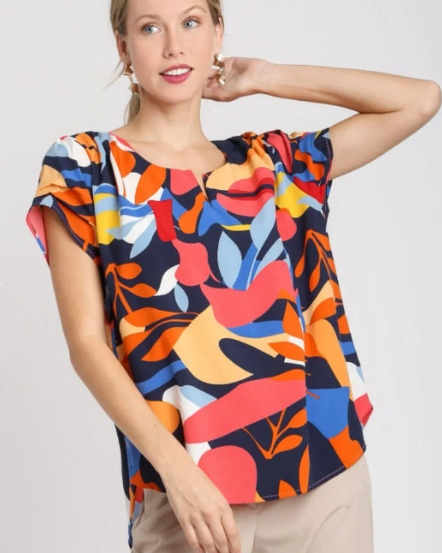 Umgee Full Size Short Sleeved Abstract Print Top Plus Size Dark Navy