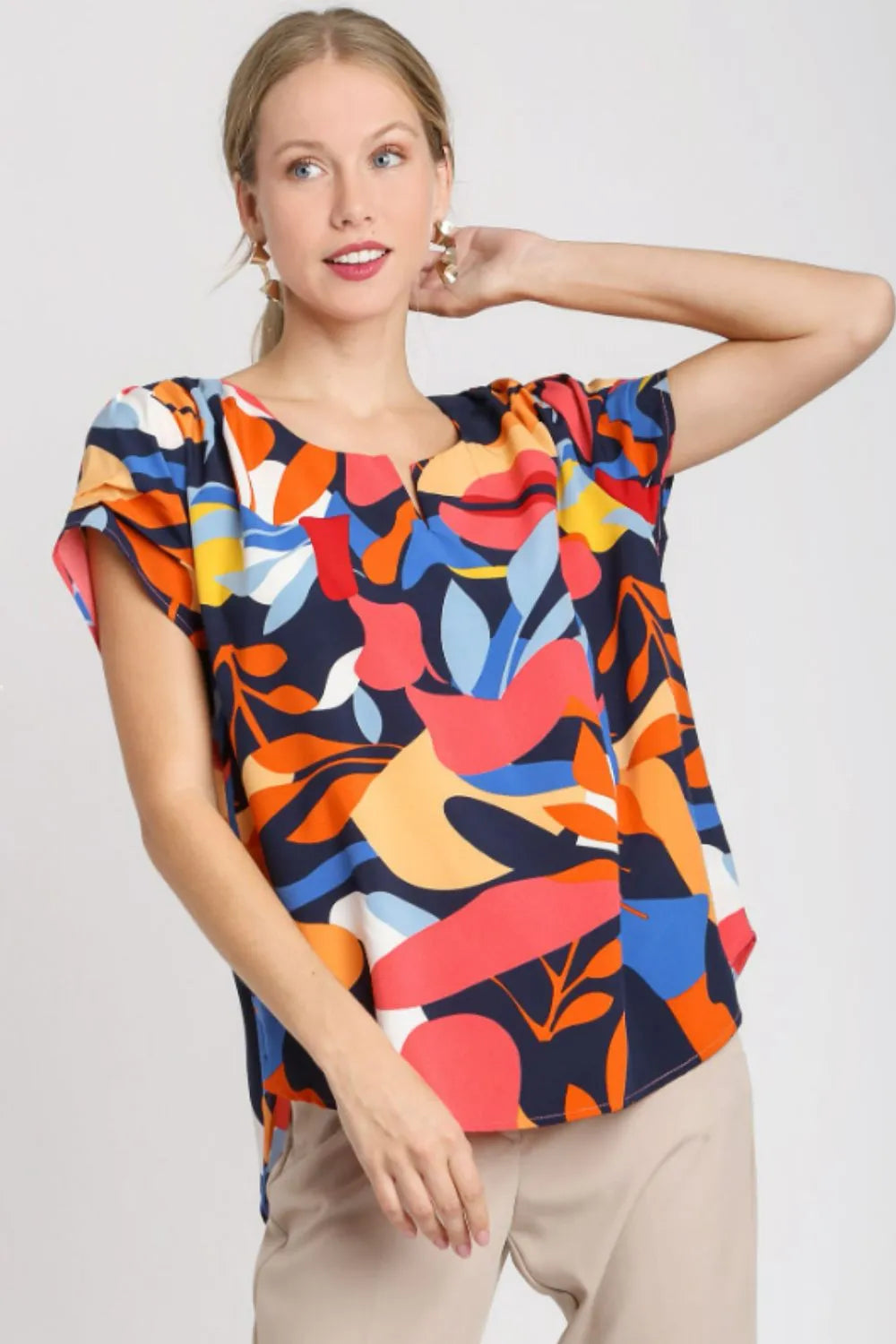 Umgee Full Size Short Sleeved Abstract Print Top Plus Size Dark Navy