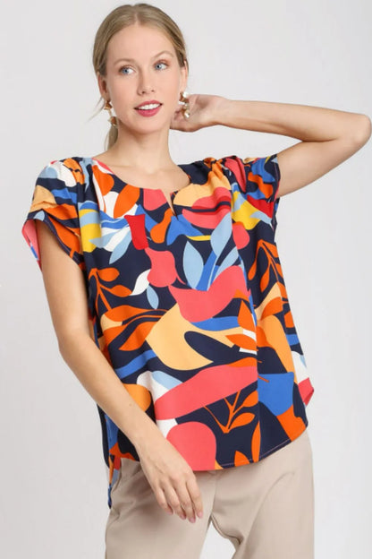 Umgee Full Size Short Sleeved Abstract Print Top Plus Size Dark Navy