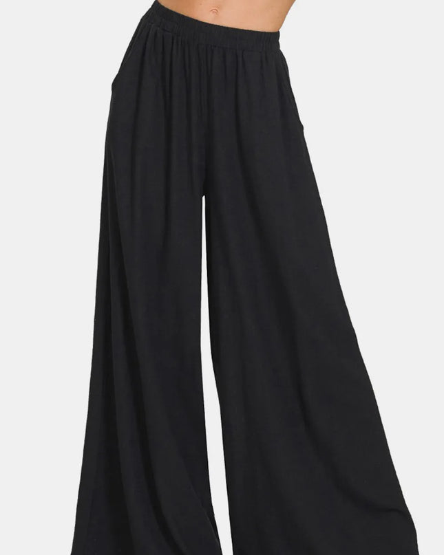 Zenana Pleated Linen Blend Wide Leg Pants Black