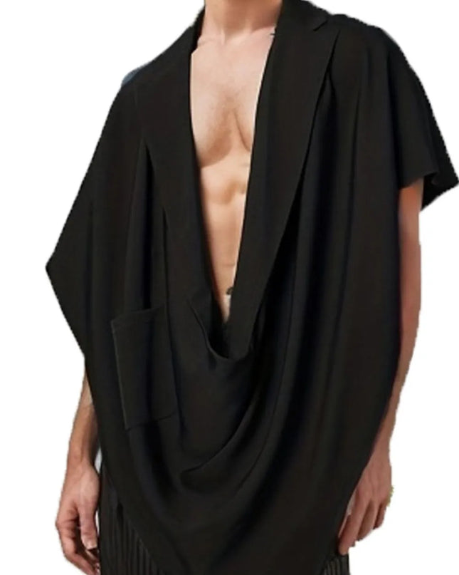 Men's Full Size Pocket Patched Draped Asymmetrical Hem Cape Plus Size Black