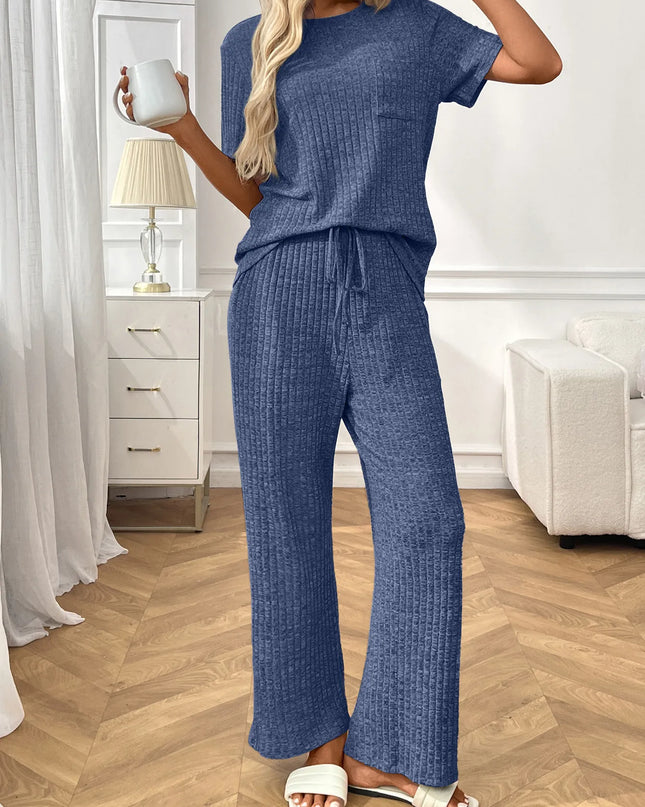 Ribbed Knit Short Sleeve Top and Pants Lounge Set