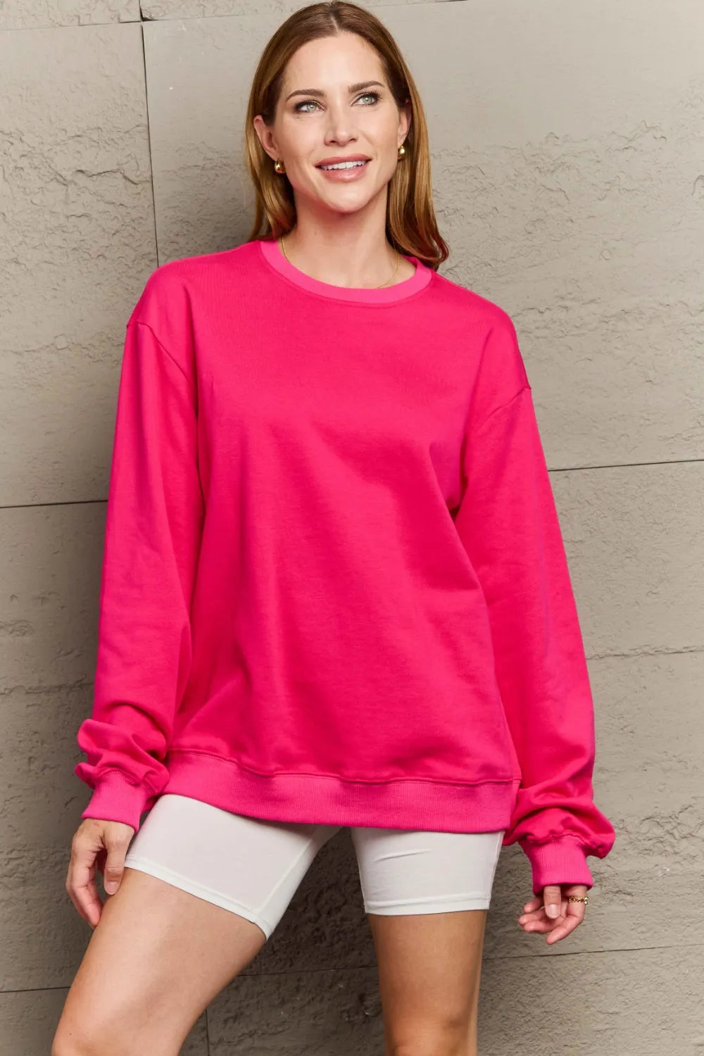 Full Size Round Neck Long Sleeve Sweatshirt Deep Rose