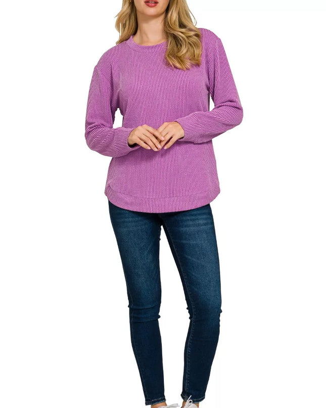 Zenana Full Size Raised Rib Round Neck Long Sleeve Top Plus Size
