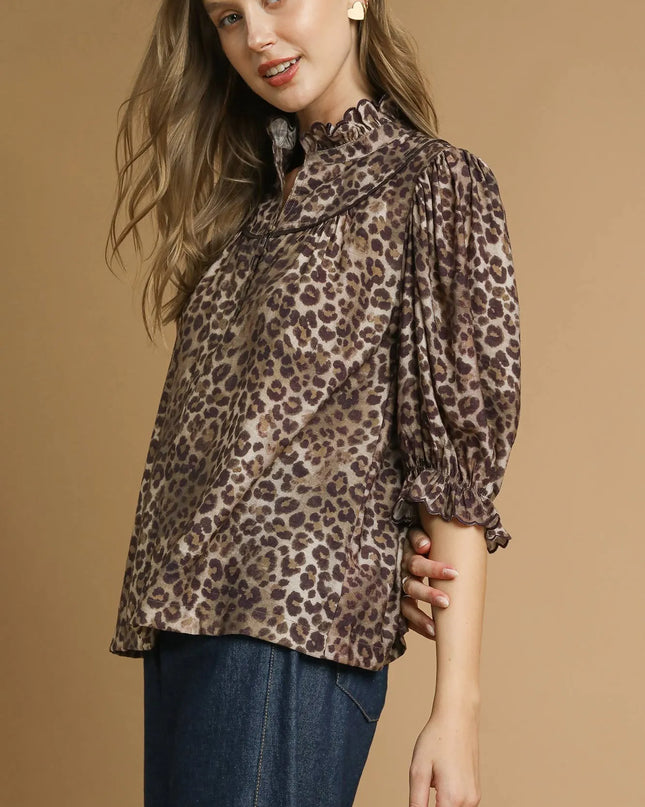 Umgee Leopard Print Ruffle Neck Blouse