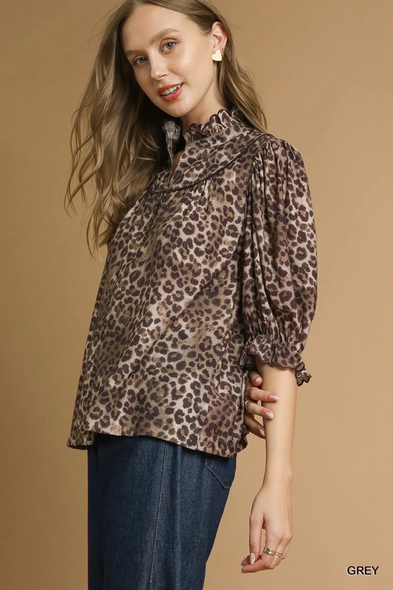 Umgee Leopard Print Ruffle Neck Blouse